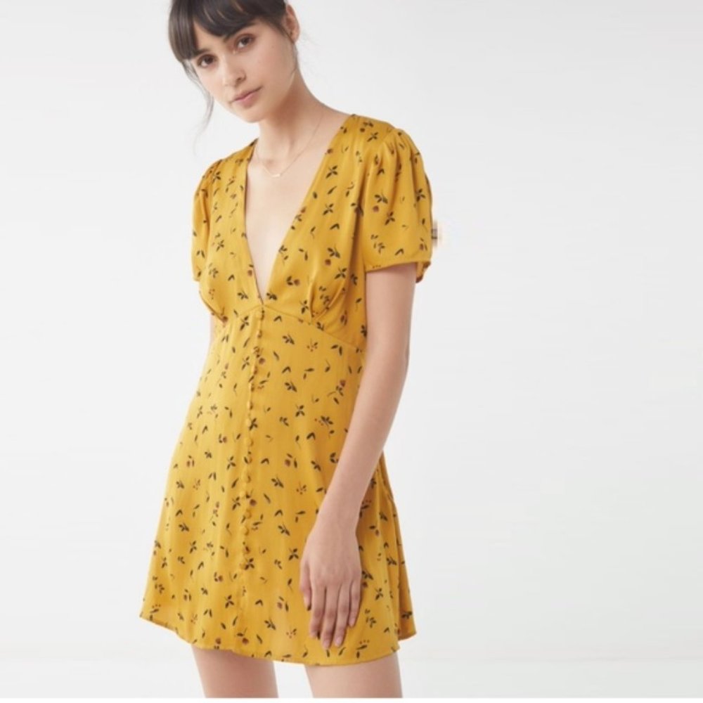 UO Jen Button-Down Mini Dress Yellow Mustard Floral